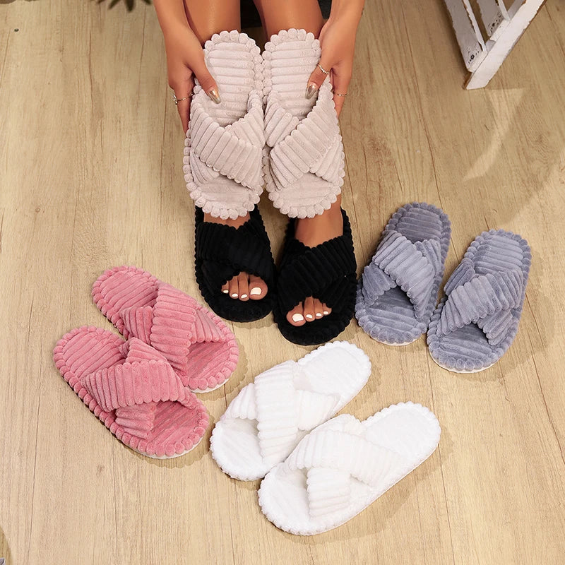 Woman's Corduroy Cross Band Slippers